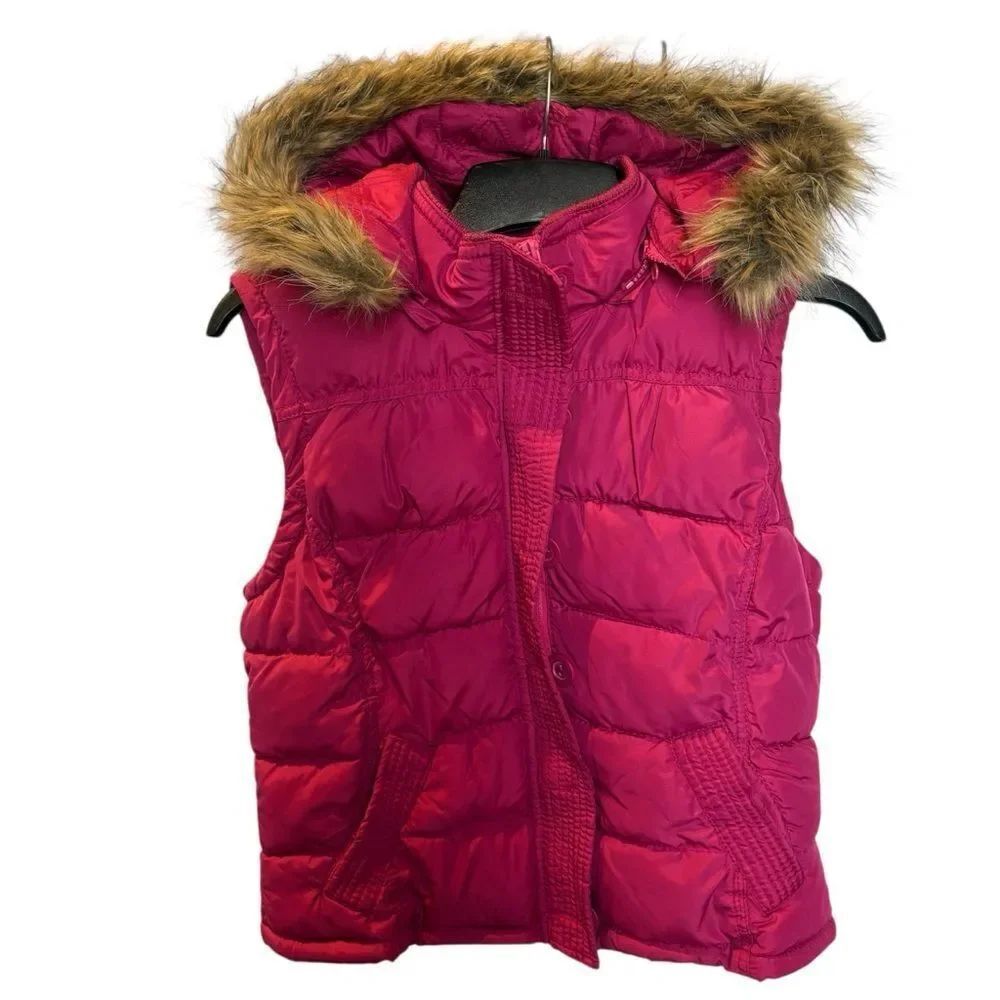 Aeropostale Women's Puffer Vest with Faux Fur Hood Full Zip/button Fuchsia XL